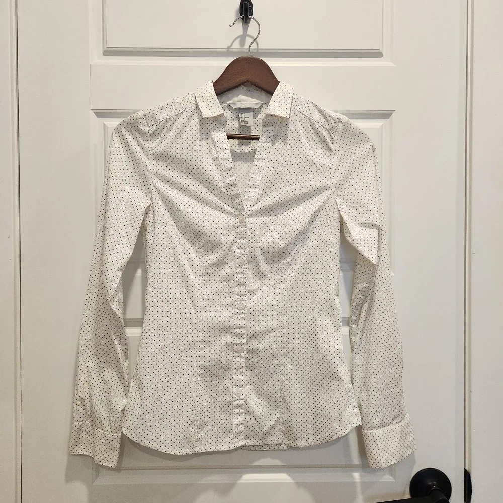 🟣 Sz 2 H&M Women's White Cotton Blend Polka Dot Long Sleeve Button-Down Shirt - Picture 4 of 7